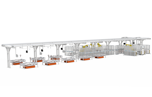 Línea de ensamblaje automático de paquetes flexibles con AGV